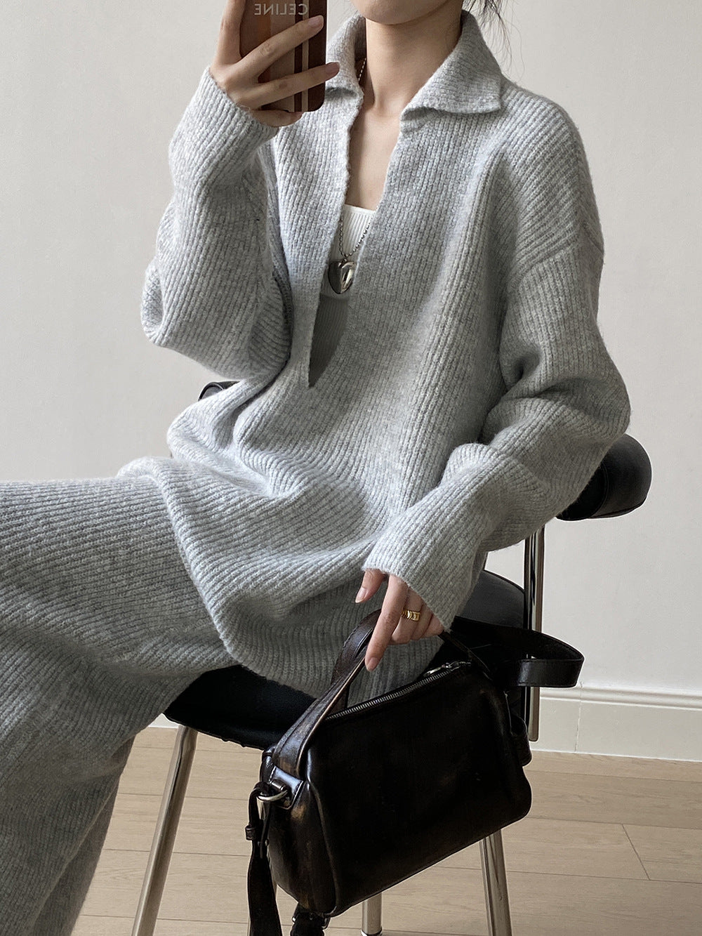 【YP680】 實拍深V慵懶毛衣＋針織長裙(含羊6%) 套裝251023