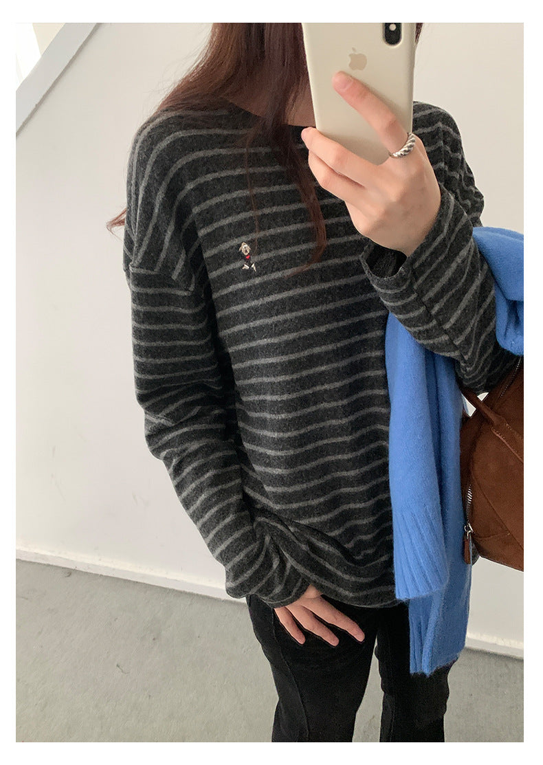 【H572】實拍復古磨毛刺繡條紋圓領T恤251021