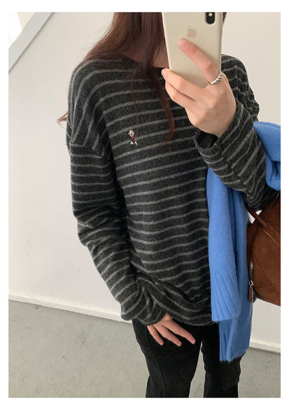 【H572】實拍復古磨毛刺繡條紋圓領T恤251021