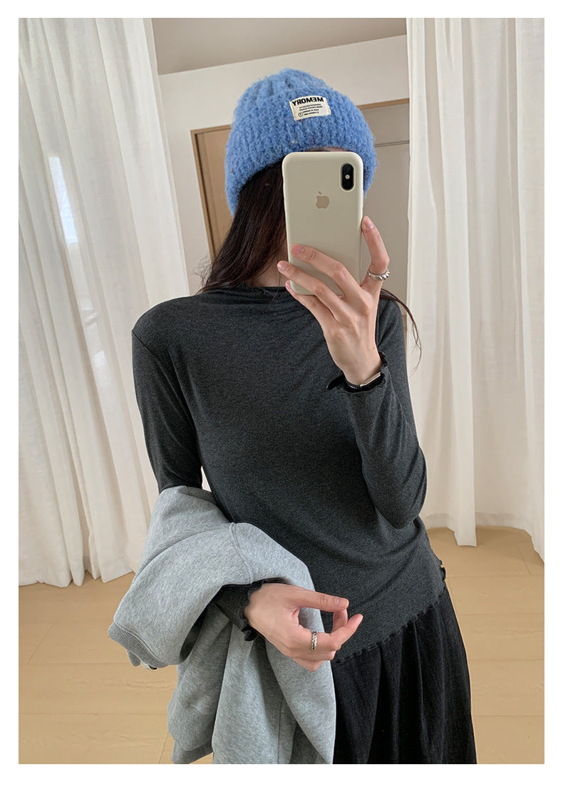 【H568】實拍基礎款木耳邊半高領純色打底衫251021