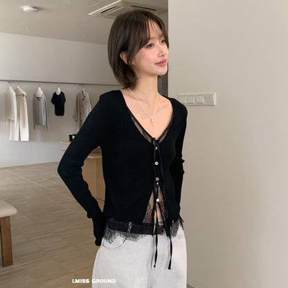 【L01178】實拍IMISS絕美蕾絲假兩件繫帶長袖針織開衫250930