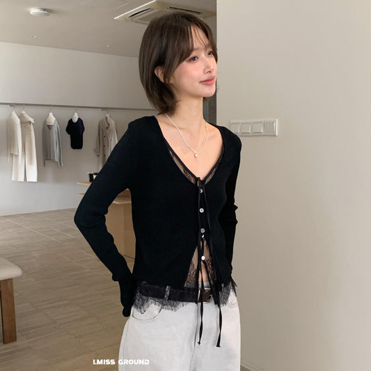 【L01178】實拍IMISS絕美蕾絲假兩件繫帶長袖針織開衫250930