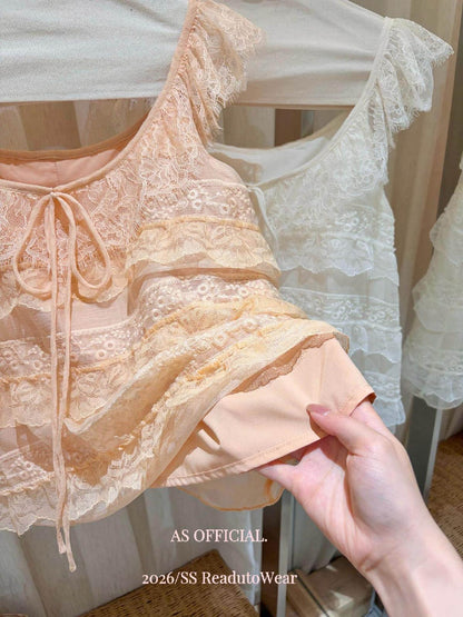 【L27010】韓系甜美純慾風🎀重工蕾絲多層荷葉邊綁帶無袖上衣260526