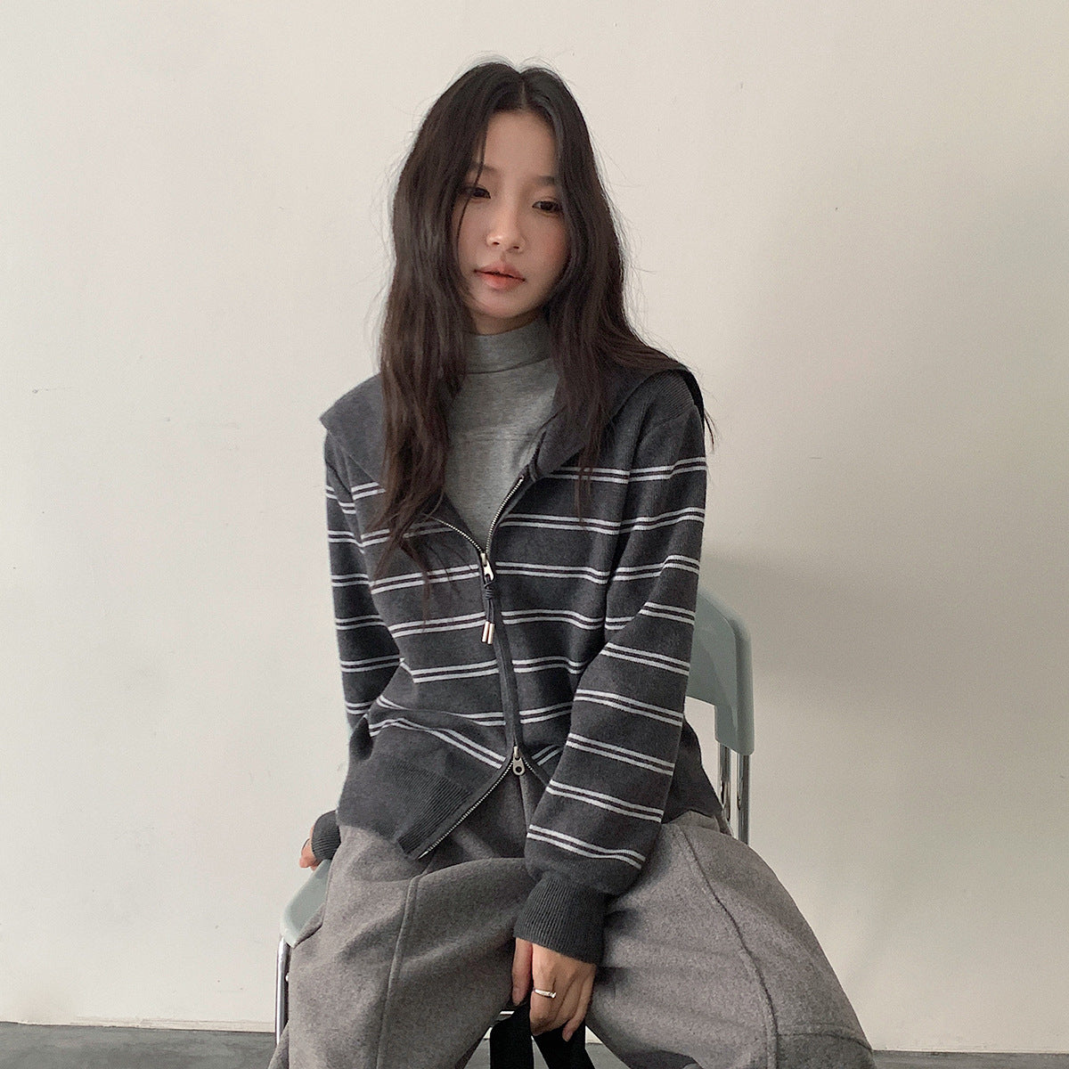 【LD11036】實拍雙頭拉鍊海軍領條紋針織開衫251202