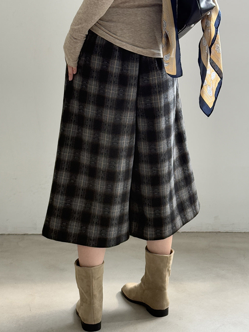 【YG8095】實拍日系復古呢料格紋直筒七分闊腿褲251016