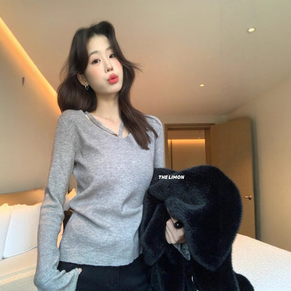 【L8368】實拍檸檬簡約羊毛羊絨喇叭袖長袖針織衫251117