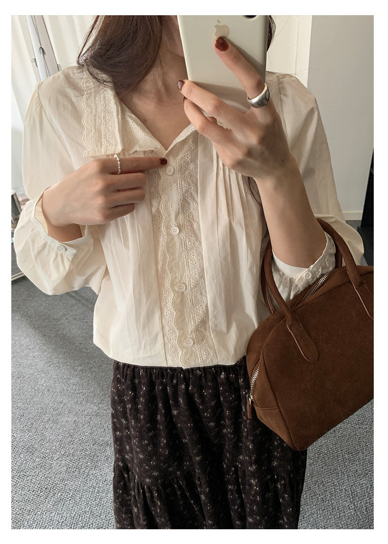 【H5488】實拍法式温柔蕾絲長袖襯衫251109