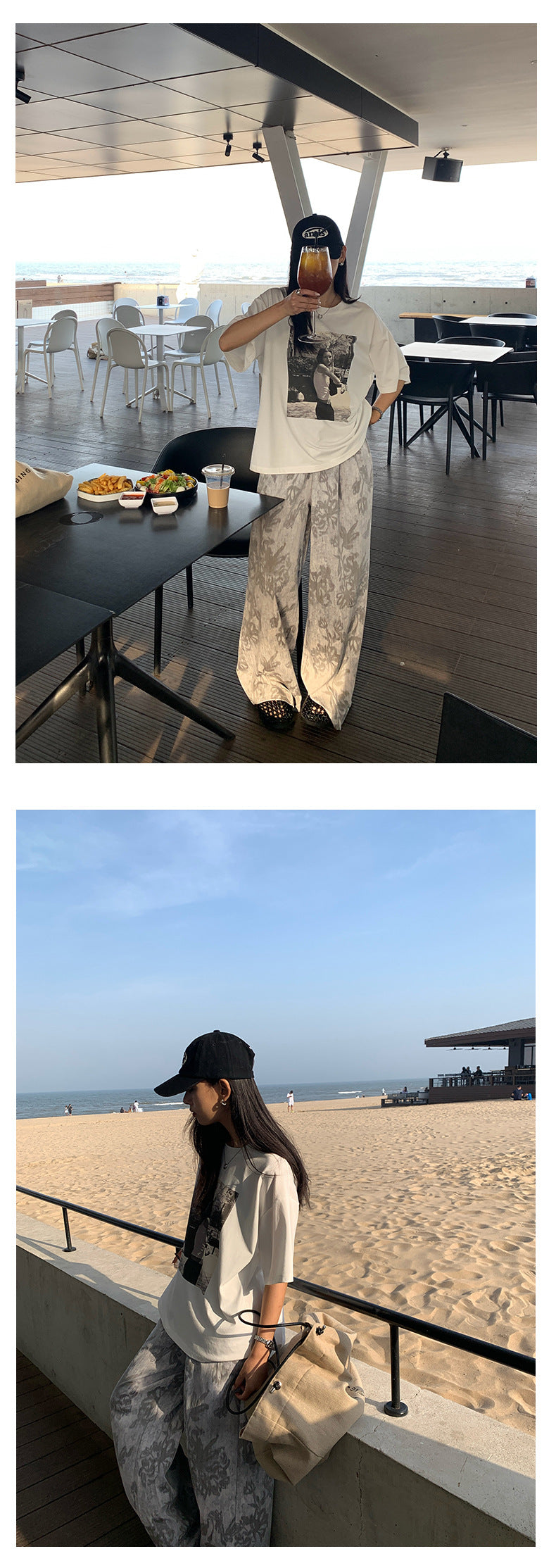 【H5289】實拍韓系復古印花高級感舒適闊腿褲（後鬆緊腰）250603
