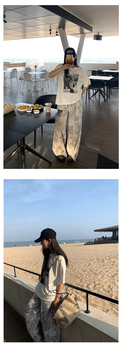 【H5289】實拍韓系復古印花高級感舒適闊腿褲（後鬆緊腰）250603