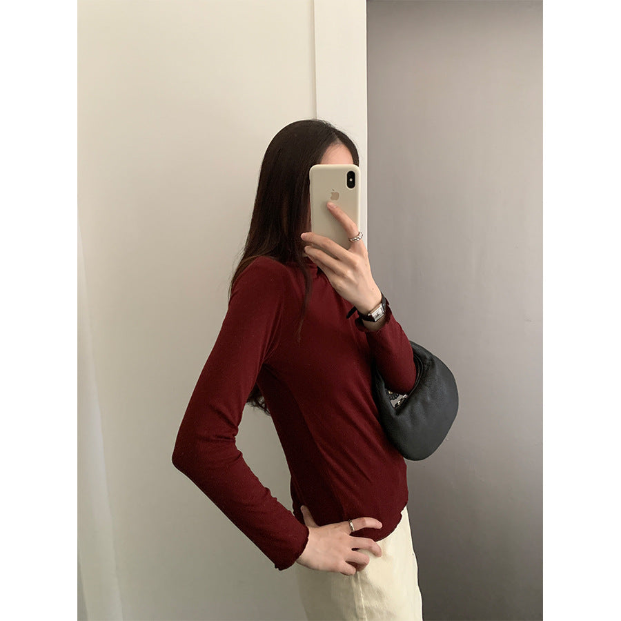 【H568】實拍基礎款木耳邊半高領純色打底衫251021