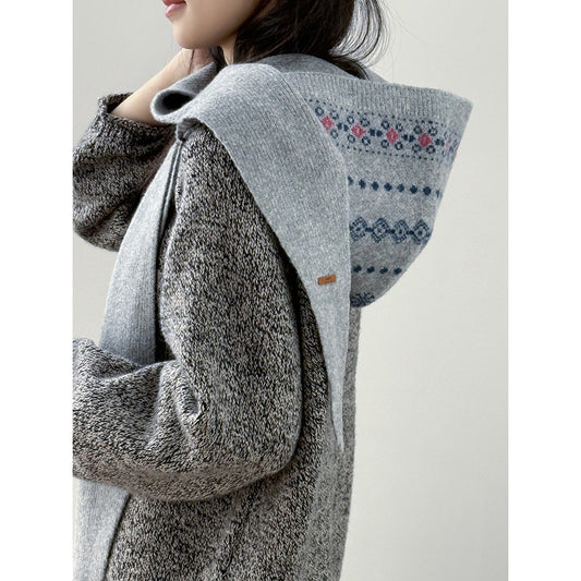 【YW571】實拍冬季復古可愛費爾島提花一体連帽針織圍巾251113