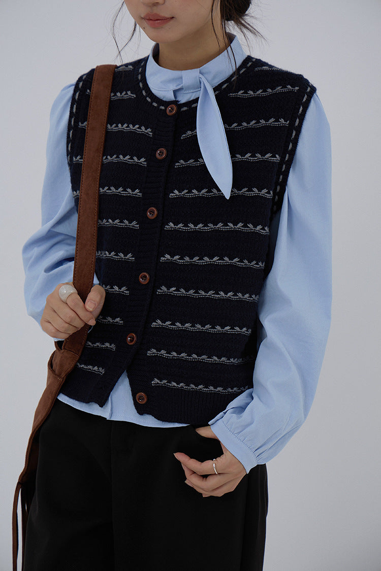 【LD3278】實拍小圓領長袖襯衫+條紋針織背心（分開下單）251103