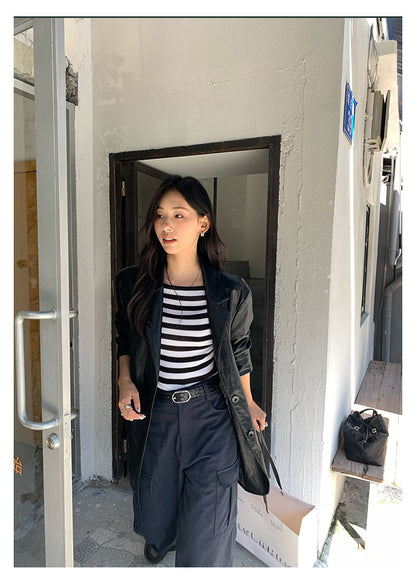 【H5398】實拍韓系高級感黑色皮衣西裝外套250902