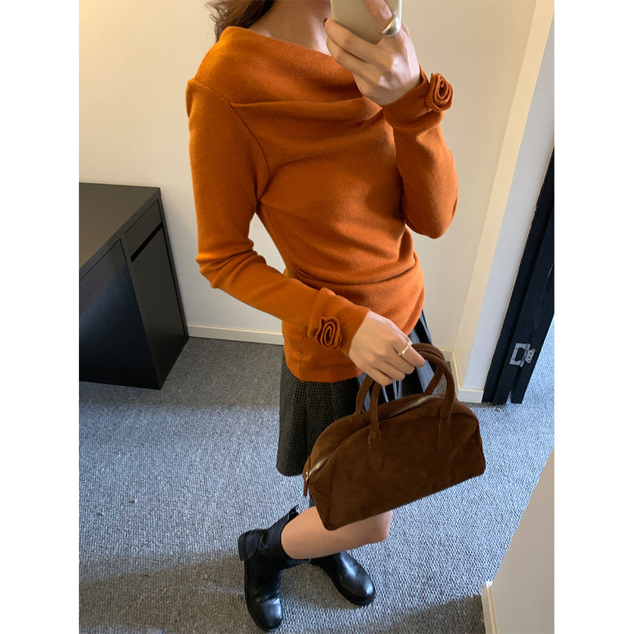 【H5487】實拍秋冬褶皺露肩針織衫251109