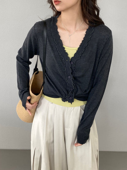 【cimz5643】韓系清新氧氣感🍃寬鬆顯瘦木耳邊V領花邊薄款針織上衣260319