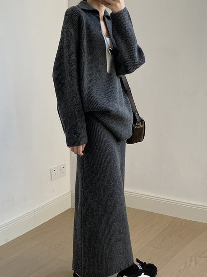 【YP680】 實拍深V慵懶毛衣＋針織長裙(含羊6%) 套裝251023