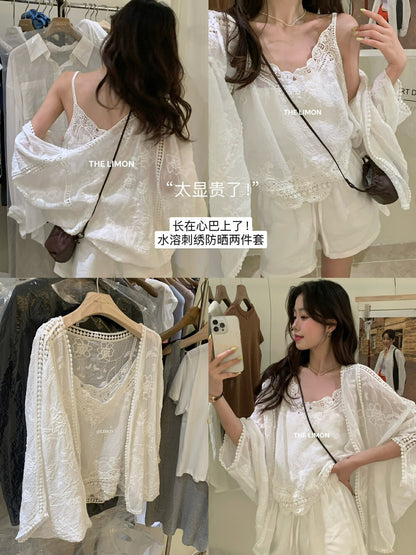 【L8661】實拍檸檬夏秋高級感刺繡防曬衫+吊帶背心套裝250915