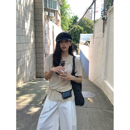 【H5375】實拍燕麥色荷葉下擺短袖T250715