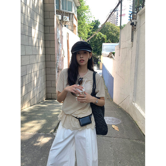 【H5375】實拍燕麥色荷葉下擺短袖T250715