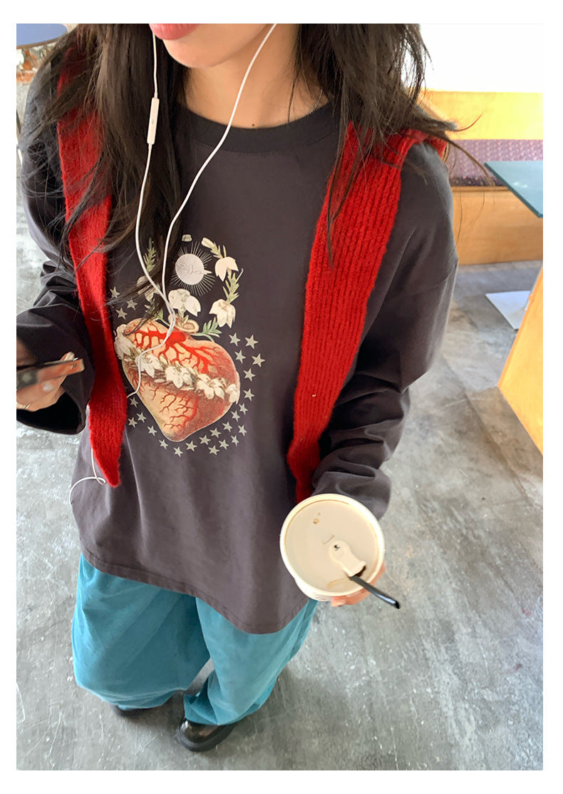 【H5397】實拍韓系甜美少女寬鬆長袖T恤250902