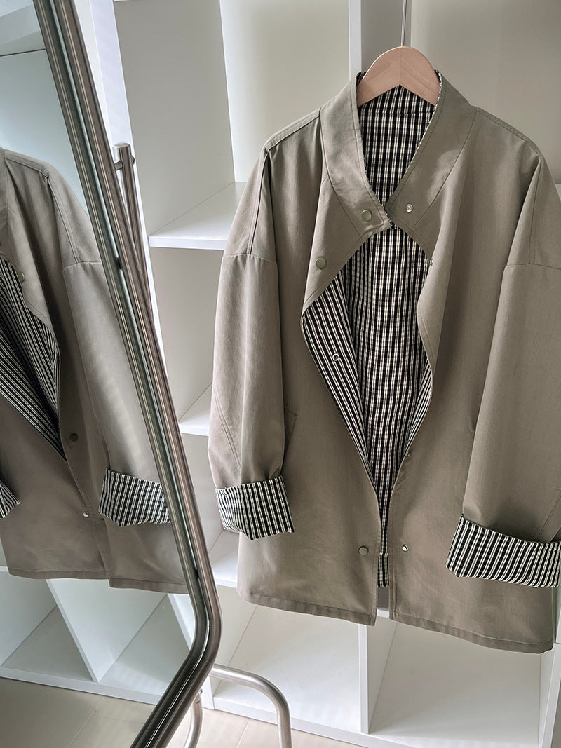 【cim1228】實拍韓國高級天絲棉雙面可穿黑白格風衣外套251030