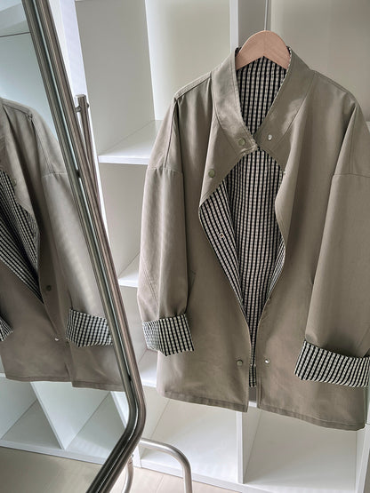 【cim1228】實拍韓國高級天絲棉雙面可穿黑白格風衣外套251030