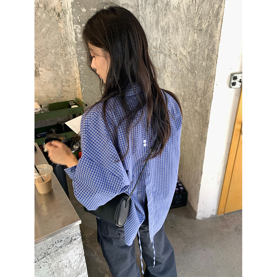 【H5401】實拍後背開叉藍色格子長袖襯衫250902