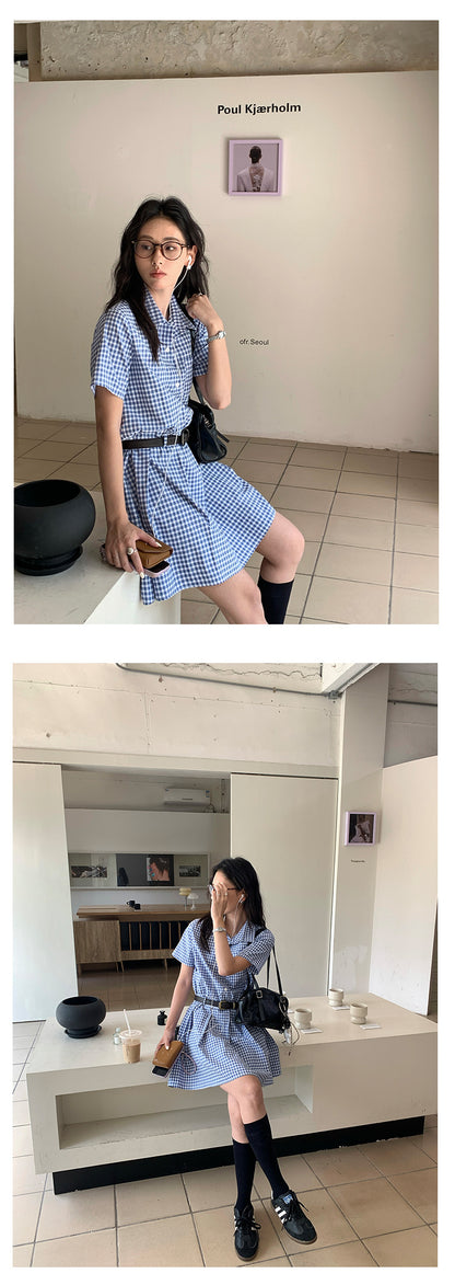 【H5348】實拍夏天藍白格襯衫百褶洋裝250701
