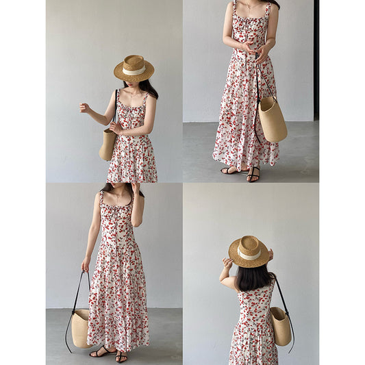 【cimz3003】甜美鹽漬草莓🍓法式初戀感度假風碎花細肩帶長洋裝260416