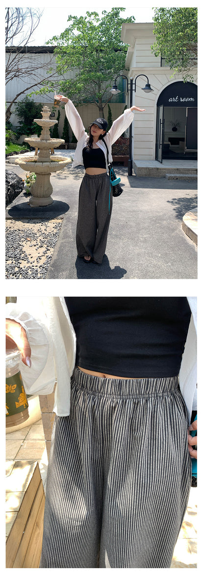 【H5277】實拍韓系條紋闊腿褲 顯瘦高腰直筒寬褲夏季休閒長褲250520
