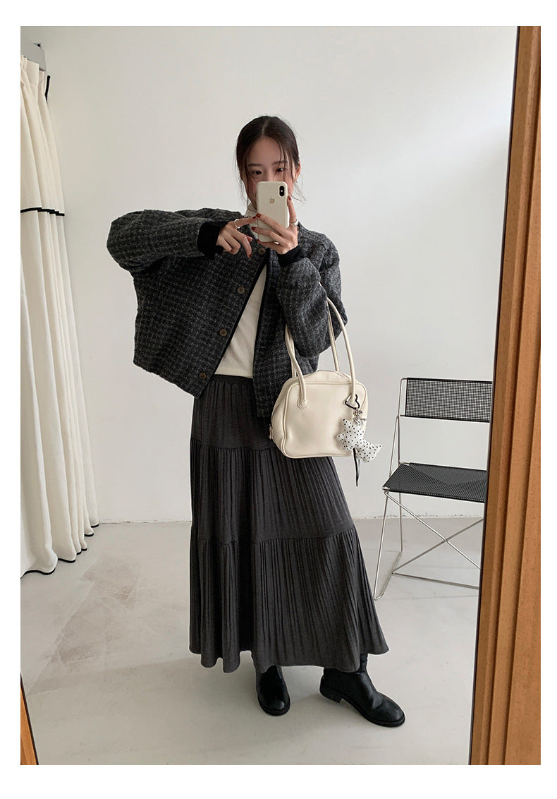 【H5476】實拍秋冬質感簡約細摺鬆緊腰a字傘裙251109