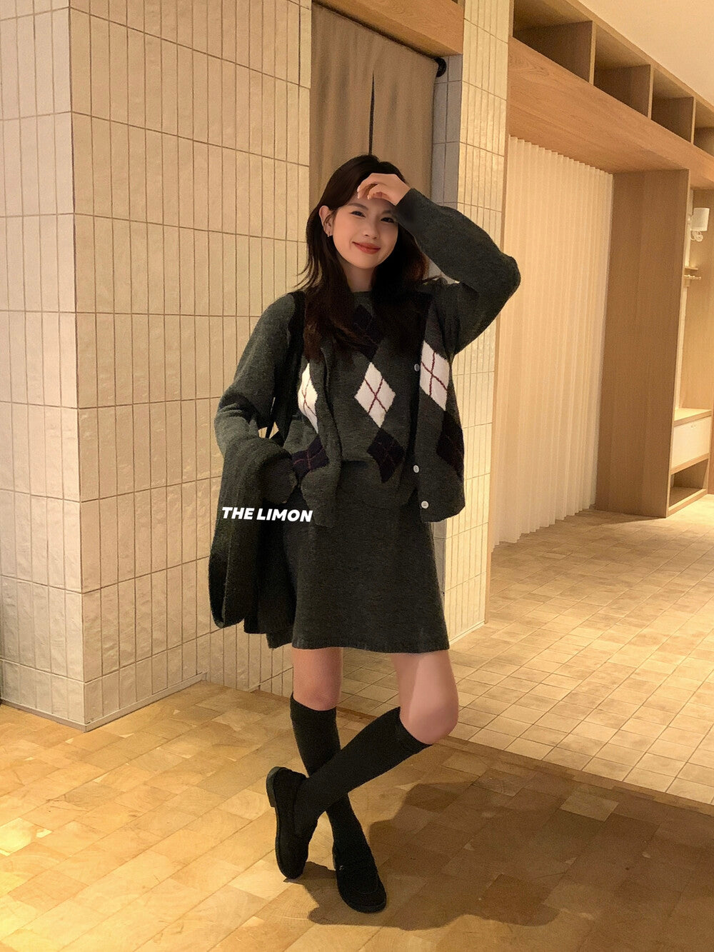 【L6880】實拍檸檬秋冬菱格針織開衫+圓領背心+針織裙251117