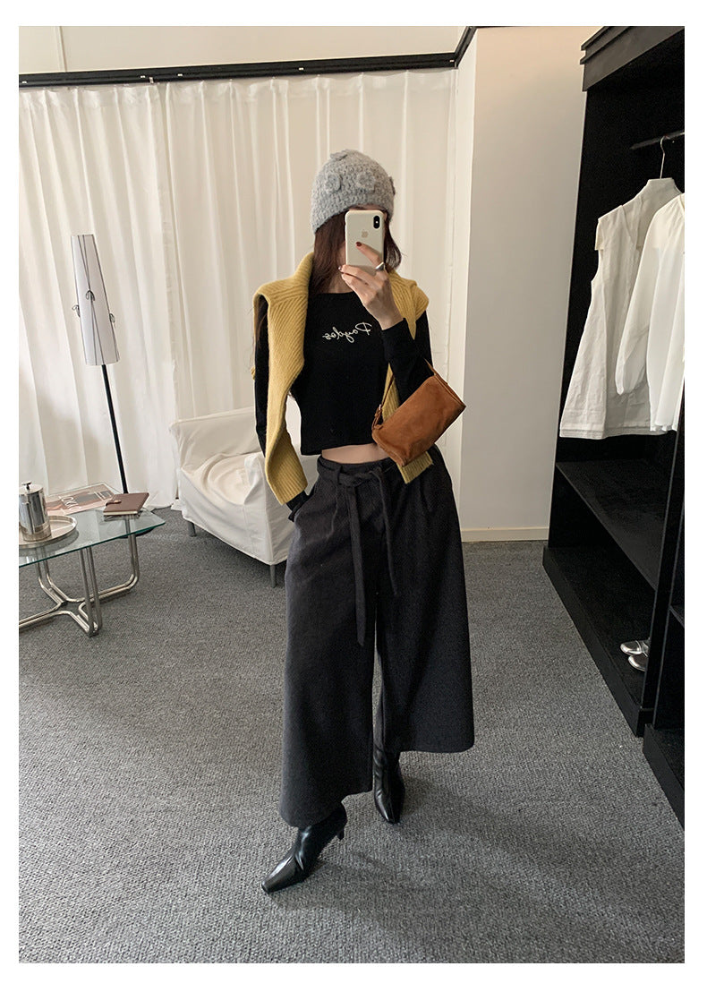 【H5491】實拍秋冬毛呢鬆緊腰加厚闊腿休閒褲251109