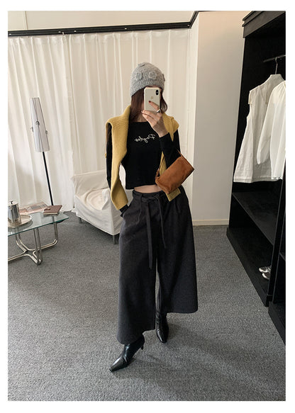 【H5491】實拍秋冬毛呢鬆緊腰加厚闊腿休閒褲251109