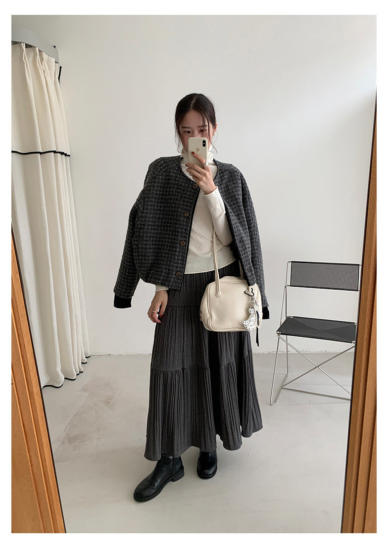 【H5476】實拍秋冬質感簡約細摺鬆緊腰a字傘裙251109