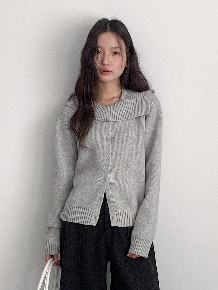 【LD11002】實拍秋冬法式設計感斜領針織毛衣外套251110