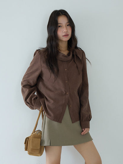 【LD3194】實拍秋冬個性立領飄帶襯衫251110