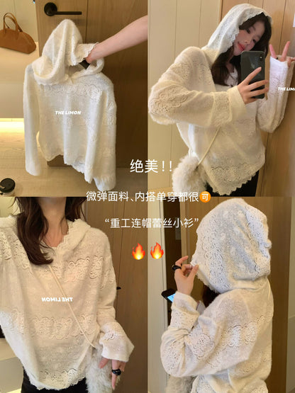 【L9359】實拍檸檬秋冬重工鈎花蕾絲寬鬆連帽蕾絲衫251117