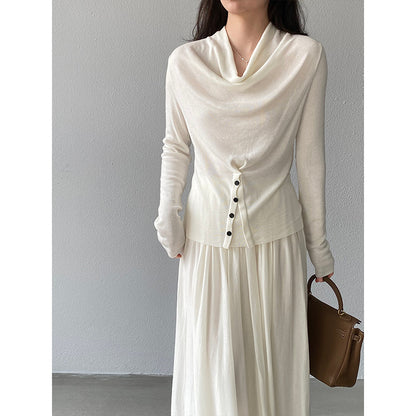 【cimzM946】氣質慵懶超顯白✨設計感垂墜領一字肩露肩顯瘦針織上衣260319