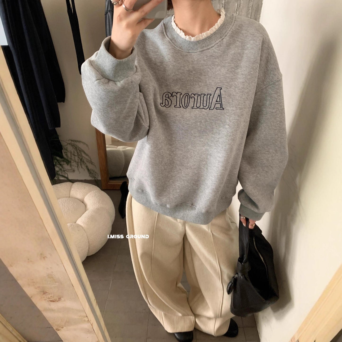 【LH90551】實拍IMISS秋冬簡約刺繡蕾絲加絨加厚假兩件衛衣251215