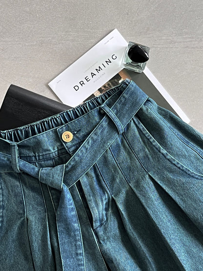 【cimz6517】實拍韓系簡約休閒風✨高腰顯瘦綁帶A字長版牛仔裙260409