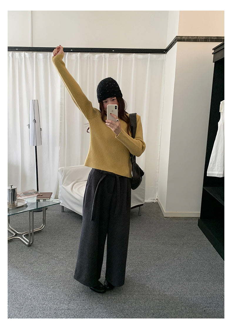 【H5491】實拍秋冬毛呢鬆緊腰加厚闊腿休閒褲251109