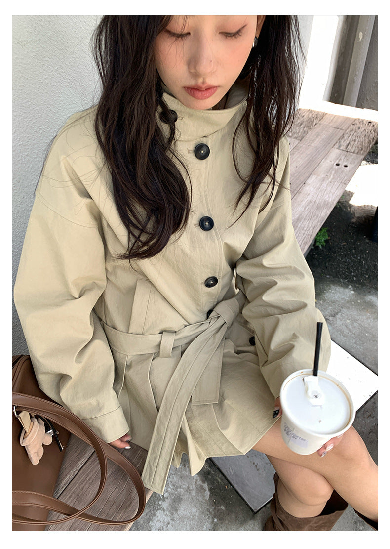 【H5400】實拍韓系慵懶卡其立領收腰風衣外套250902