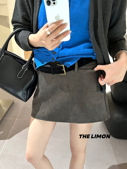 【L9238】實拍檸檬秋季質感鹿皮絨簡約復古短裙女＋腰帶250915