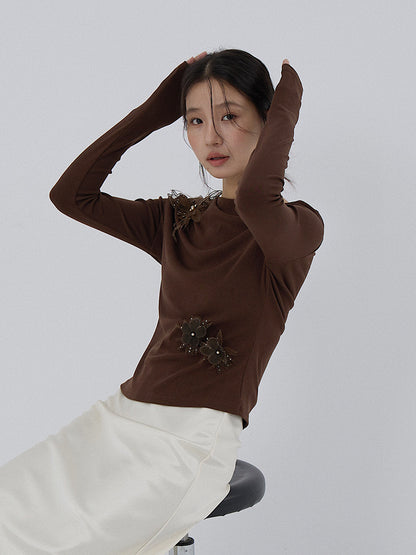 【LD3277】實拍立體花朵長袖一字領T恤251103