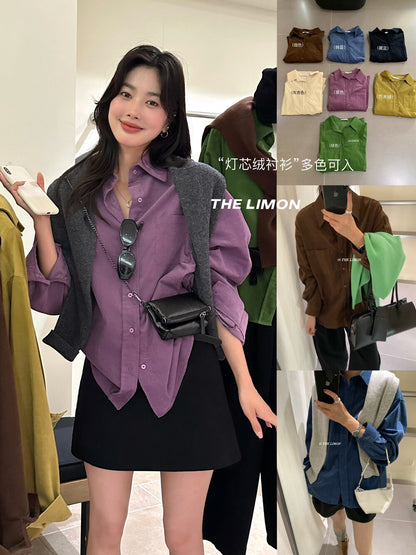 【L9221】實拍檸檬秋季復古簡約燈芯絨長袖襯衫250915