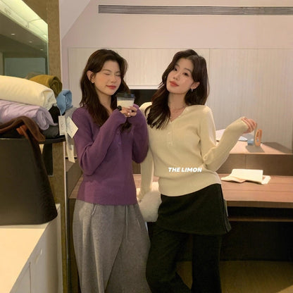 【L99909】檸檬秋冬超修身V領纽扣長袖針織衫251117