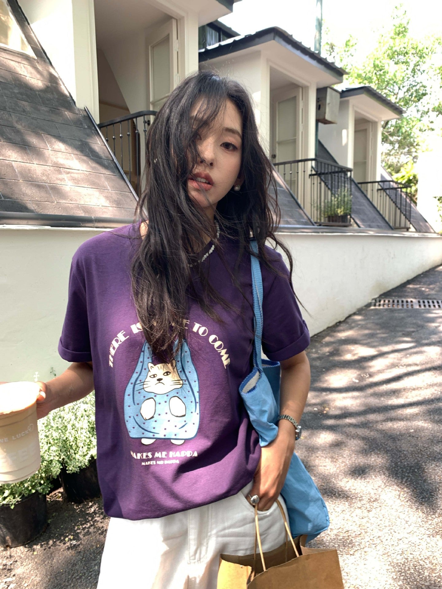 【H5165】實拍夏天帶一隻貓咪出門印花寬鬆短袖250407