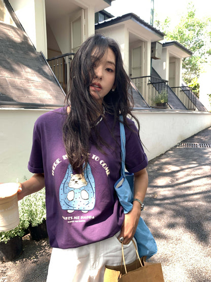 【H5165】實拍夏天帶一隻貓咪出門印花寬鬆短袖250407