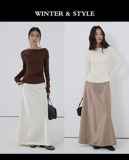 【LD3277】實拍立體花朵長袖一字領T恤251103